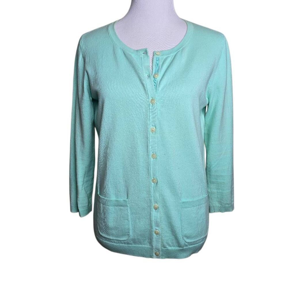 Talbots Cardigan Mint Green Pima Cotton Pocket Button Front Sweater Small